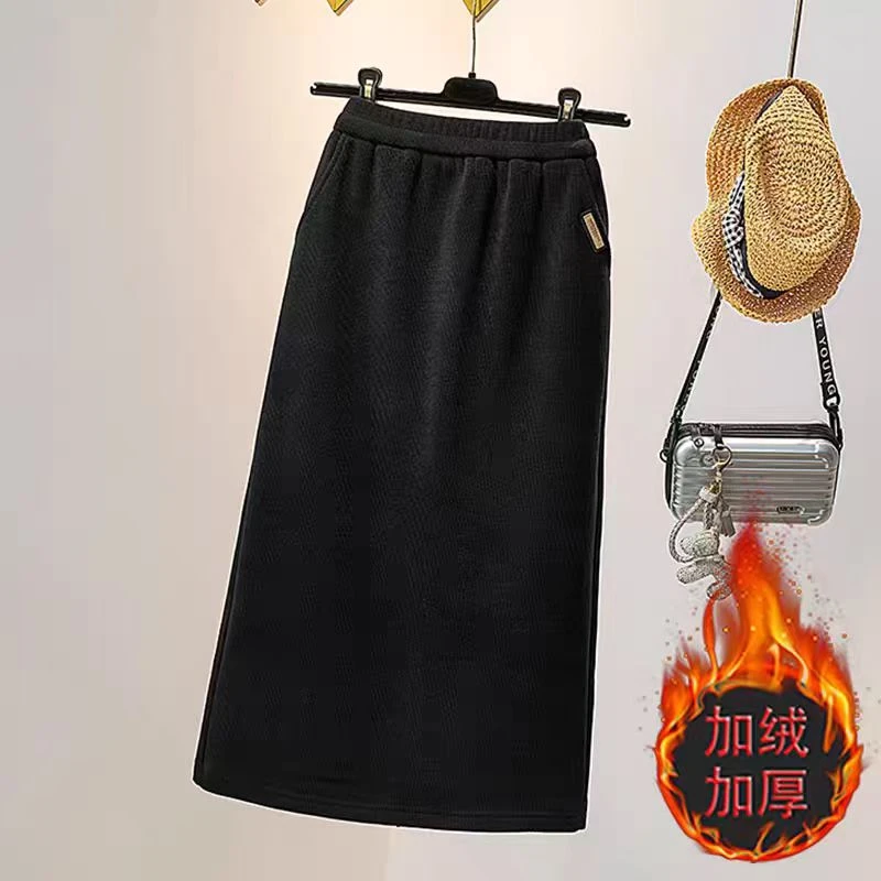 中长款加绒加厚半身裙女2023新款秋冬款高腰开叉大码显瘦半身裙