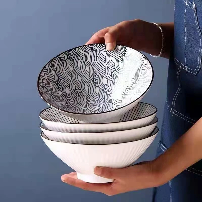 山田8英寸斗笠碗4只装家用大汤碗日式拉面碗瓷碗釉下彩大号个性