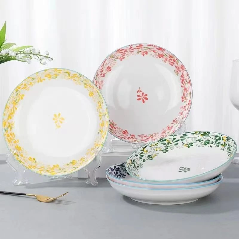 【6只装】8英寸四季繁花加厚创意陶瓷菜盘小清新防烫菜盘蒸菜家用