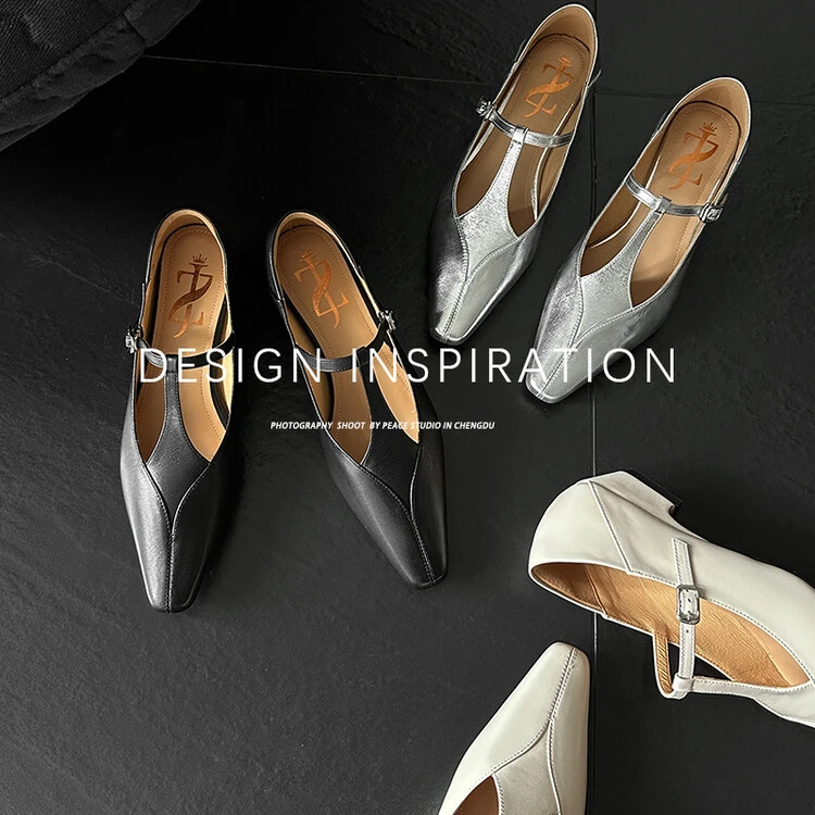 2024新款玛丽珍鞋内外头层全皮粗跟鞋复古方头高跟鞋T字带时装鞋