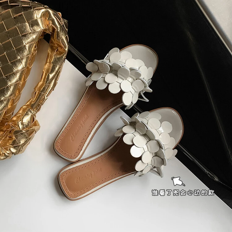 金色玫瑰花朵凉鞋女法式百搭露趾粗跟高跟鞋凉拖