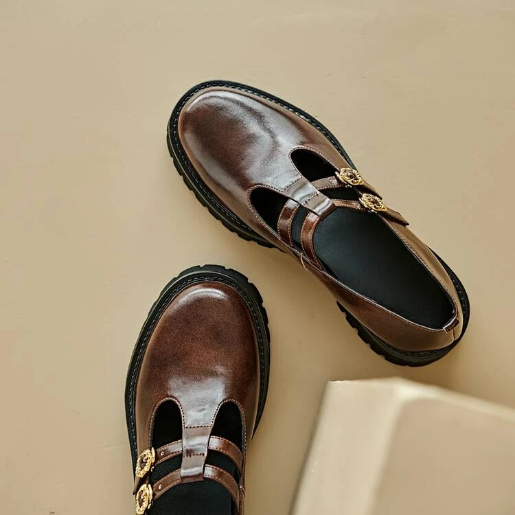 深口单鞋复古真皮玛丽珍鞋T字小皮鞋圆头厚底粗跟鞋黑色百搭女鞋