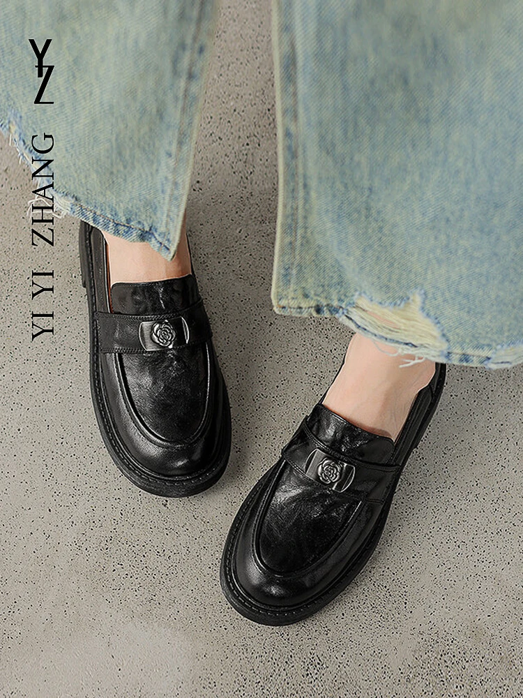 2024秋季新品山茶花单鞋圆头松糕底增高显瘦头层羊皮乐福鞋豆豆鞋