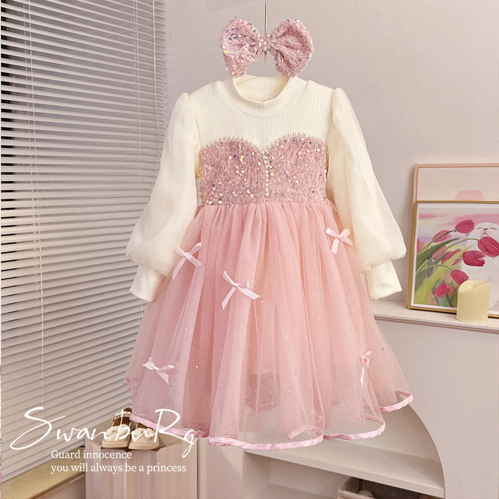 【Y.k232】新款女宝加绒加厚网纱公主裙女宝洋气甜美长袖蓬蓬连衣裙