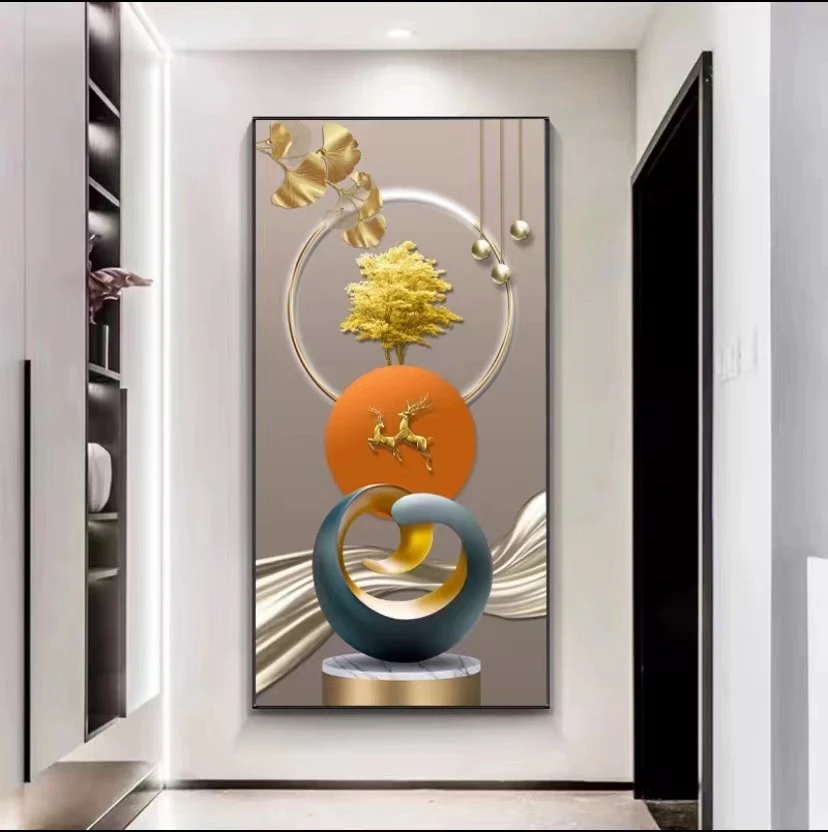 新款-几何玄关画挂画高级大气轻奢现代简约晶瓷手工镶钻装饰灯画