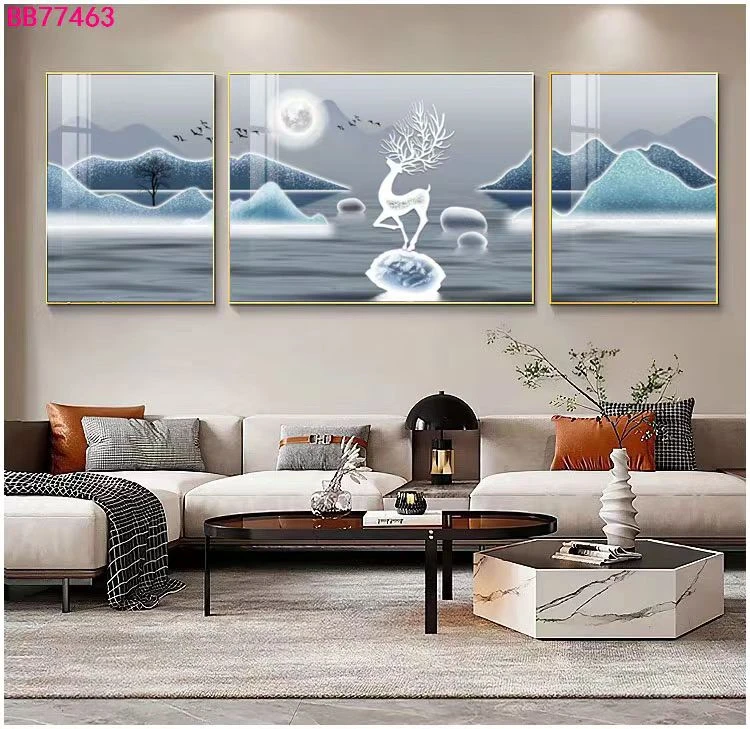 新款-沙发背景客厅三联画高级大气轻奢现代简约抽象晶瓷装饰挂画