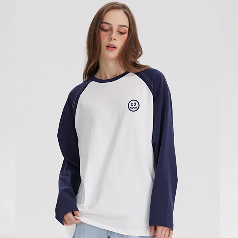 mbd小恶魔笑脸刺绣长袖T恤国潮纯棉宽松情侣装休闲氛围感拼接ins