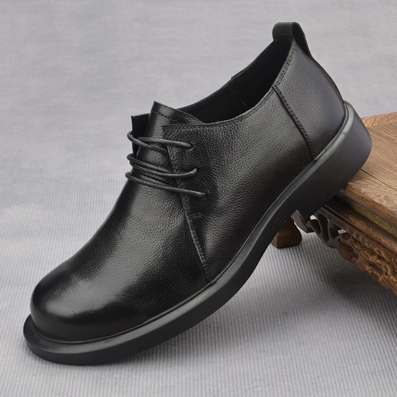 秋冬新款男士皮鞋头层牛皮真皮鞋日常舒适透气休闲鞋系带百搭男鞋