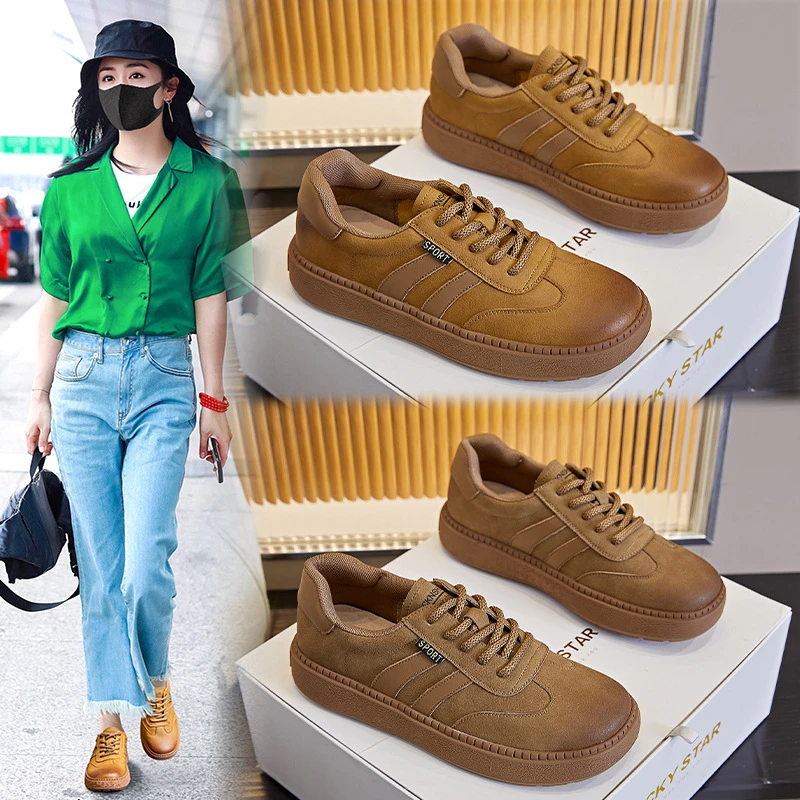 真皮小白鞋女2024春季新款厚底德训鞋休闲百搭时尚圆头系带女鞋潮