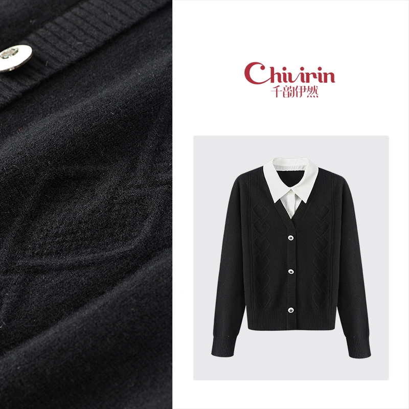 【千韵伊然02】秋冬时尚百搭黑色翻领假两件针织套头上衣8858