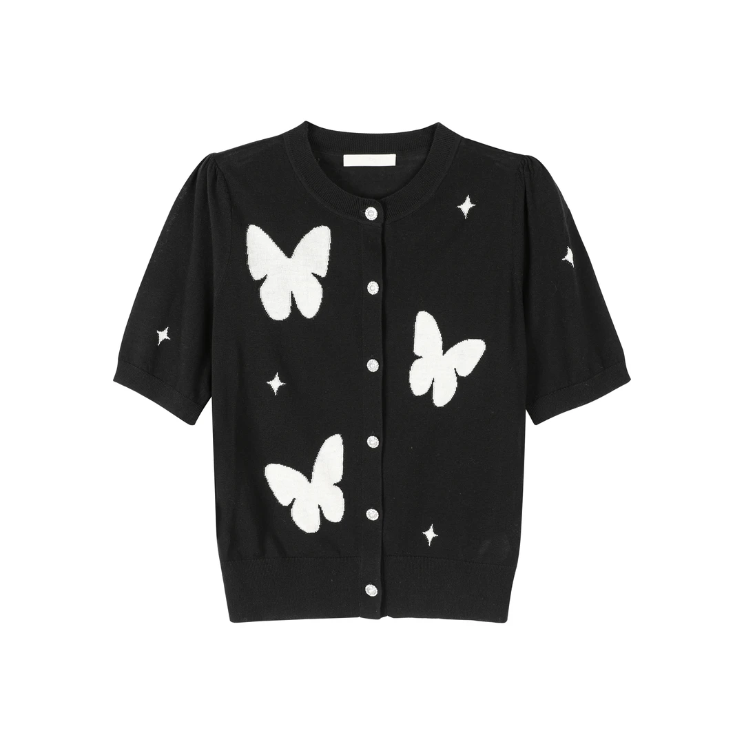 【千韵伊然】夏季时尚小香风设计感蝴蝶宽松针织上衣1815