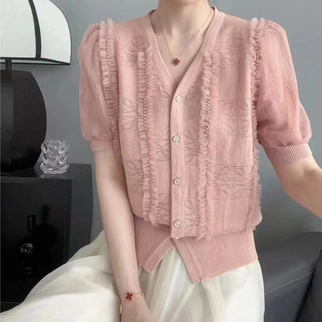 【千韵伊然】夏季甜美设计感蕾丝百搭显瘦针织衫上衣0931开衫