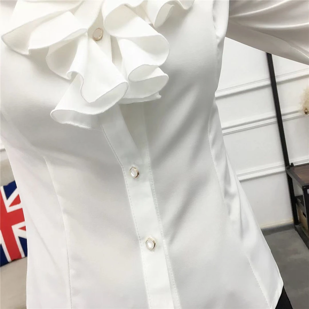 衬衫女2022新款洋气修身百搭衬衫荷叶花边衬衣雪纺衫长袖上衣女