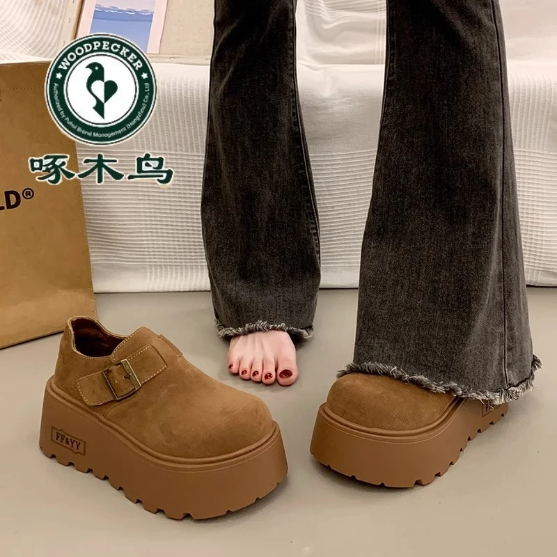 啄木鸟小个子增高厚底勃肯单鞋女2025秋冬加绒大头丑萌乐福鞋棉鞋