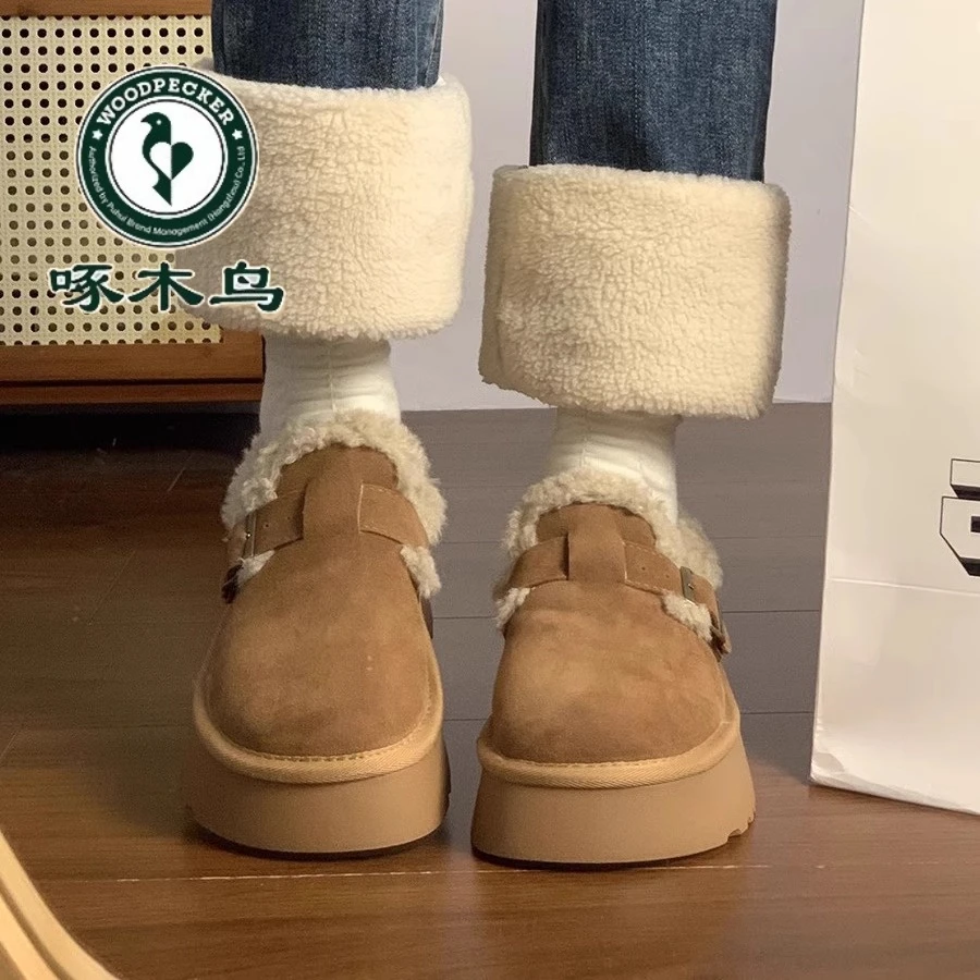 啄木鸟厚底雪地靴女2024秋冬加绒美拉德毛毛棉鞋一脚蹬复古勃肯鞋