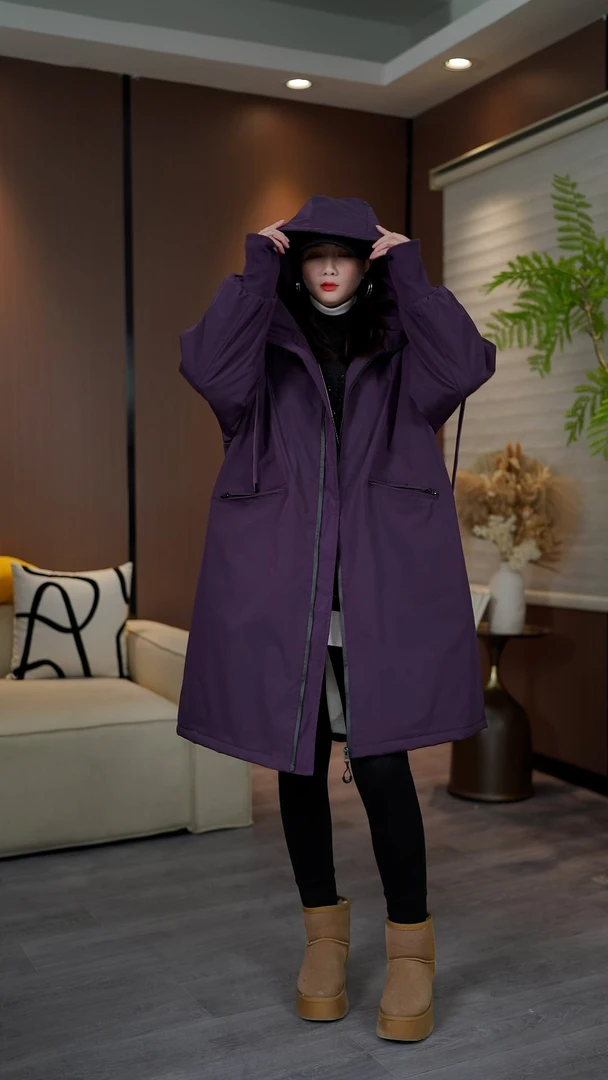 欧货重磅2024冬季新款宽松显瘦休闲百搭长款冲锋衣加棉加绒外套女