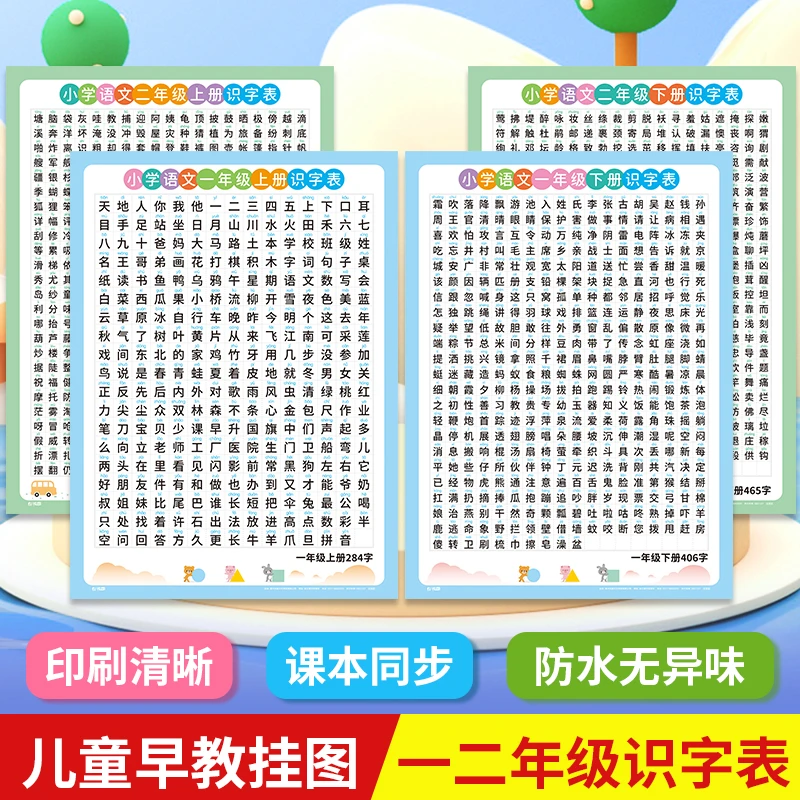 一二年级语文识字挂图儿童识字表上下册课本同步生字表认字挂图