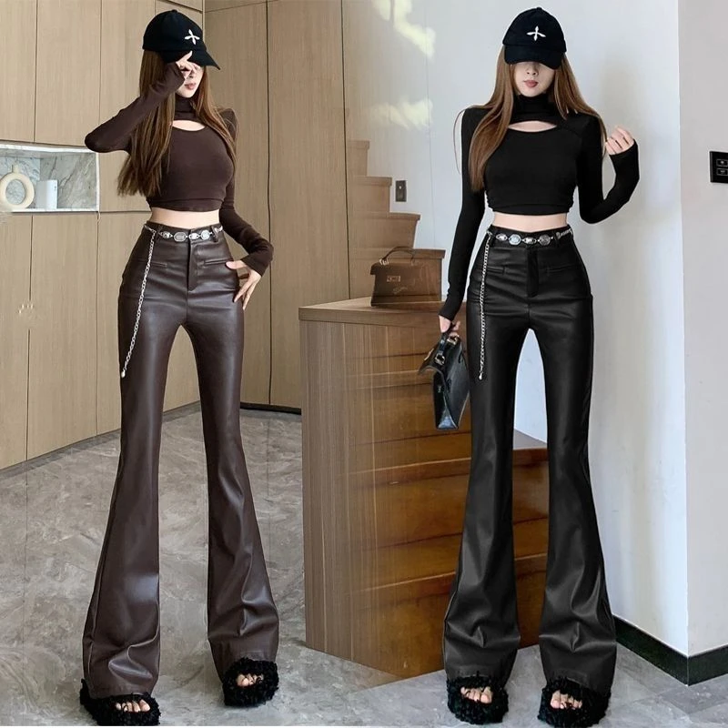 复古pu微喇皮裤女秋冬季新款时尚链条高腰开袋显瘦休闲拖地裤长裤