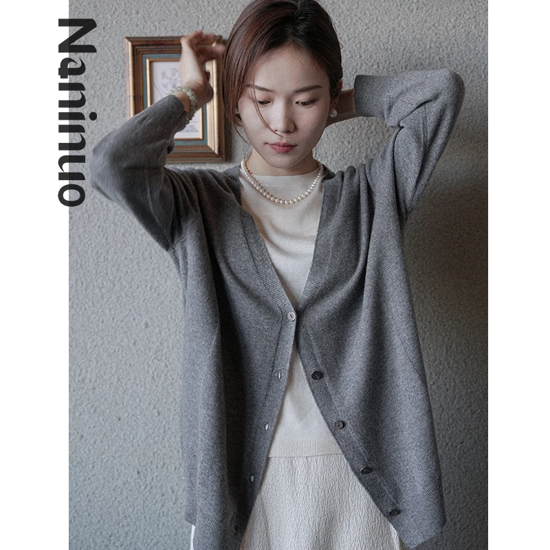 Naninuo/纳尼诺纯羊绒V领针织开衫宽松法式高级感外穿NGWT24103