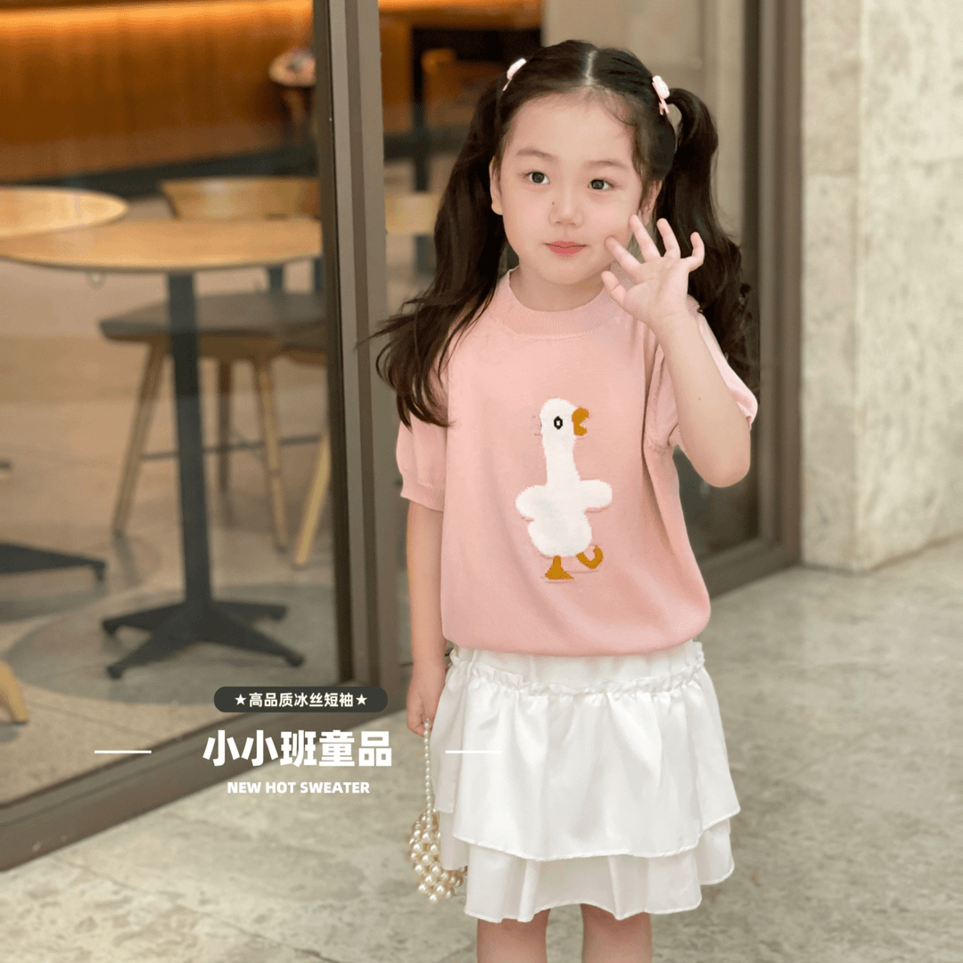 清凉冰丝女童短袖韩版可爱呆萌鸭子新款慵懒学院风百搭针织衫上衣