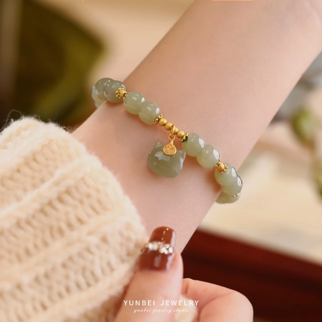 云蓓可爱猫咪和田玉手串轻奢复古高级感小众设计甜美少女手链女