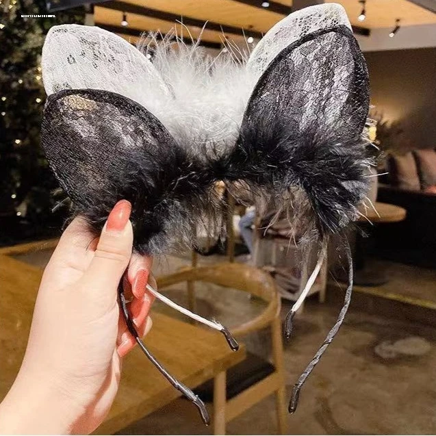 网红兔耳朵发箍韩国压发卡蕾丝蝴蝶结头箍头饰性感兔子发夹黑色女