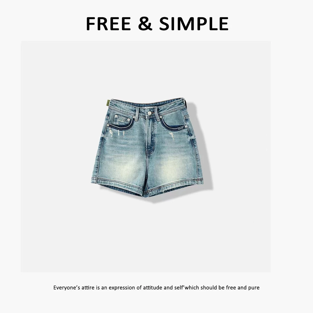 【FreeSimple】'自由蓝调’时尚韩系磨破工艺百搭牛仔短裤-52179