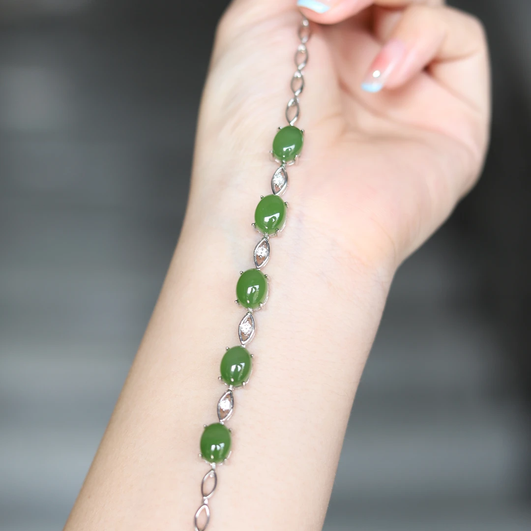 爱思尔ASIR和田玉碧玉S925银镶嵌手链JY1207-84（多样性发货）