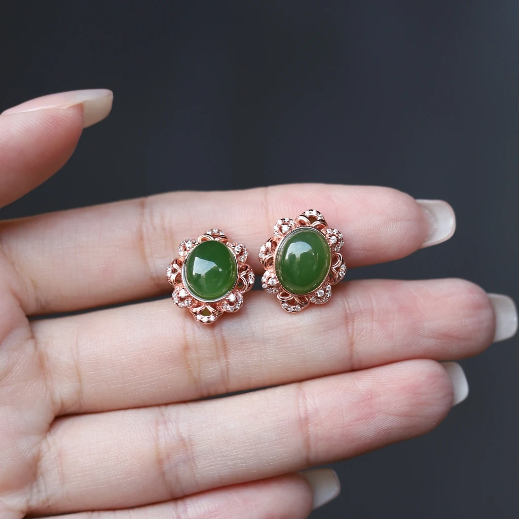 新疆爱思尔新疆和田玉耳钉S925银镶碧玉耳钉SS1206-13(多样性发货