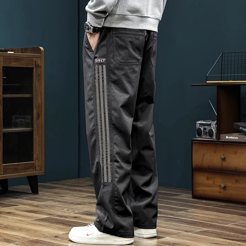 Salodac秋冬加绒户外直筒裤男运动条纹拼接新款大码春秋休闲长裤