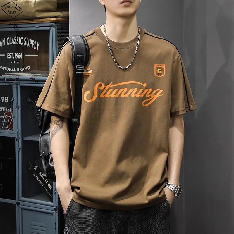 Salodac夏季重磅美式高街印花短袖T恤男宽松大码条纹圆领半袖潮