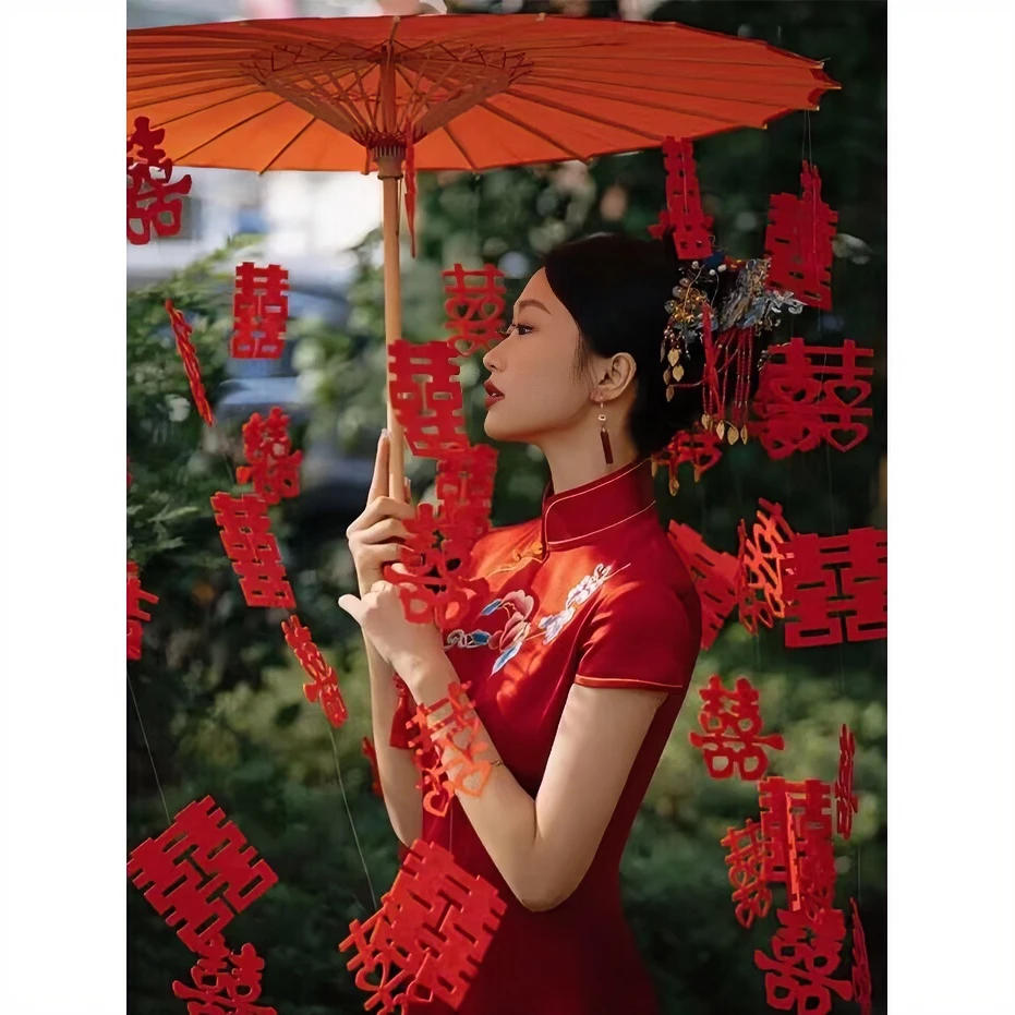 结婚新娘旗袍晨拍道具喜字红伞中式婚礼迎亲喜字婚伞秀禾拍照拍摄