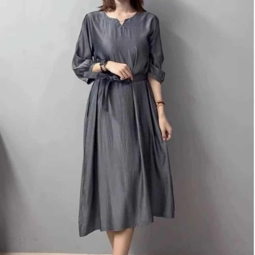 【素馨.】高贵气质复V领边连衣裙收腰显瘦圆领时尚裙子9207