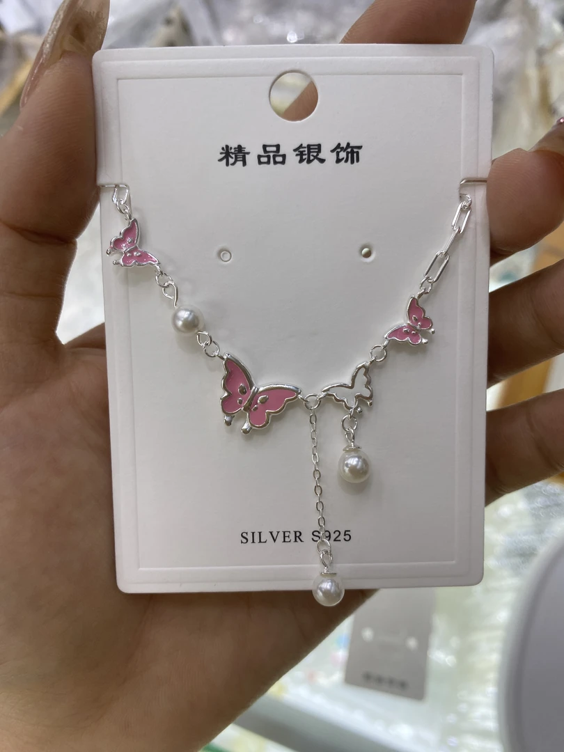 坠链均925银 百搭复古珐琅蝴蝶