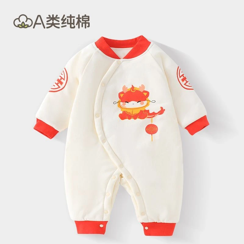 婴儿秋季连体衣秋冬保暖婴儿冬季衣服喜庆红色0-1岁宝宝过年冬装