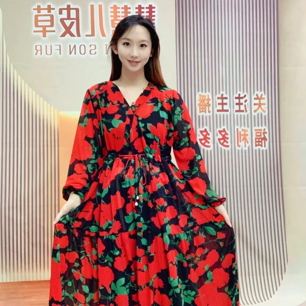 中间抽腰绳黑红大花大码女装连衣裙