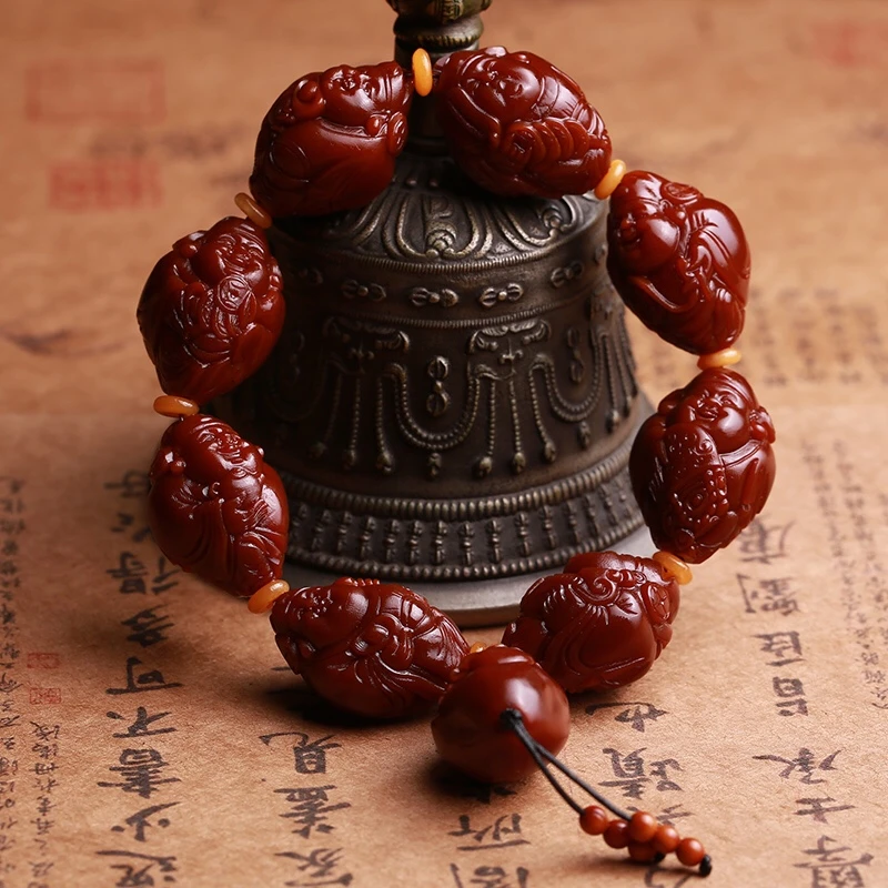 八方有财财神橄榄核雕手工雕刻包浆玉化文玩手串大尺寸2.1*2.8cm
