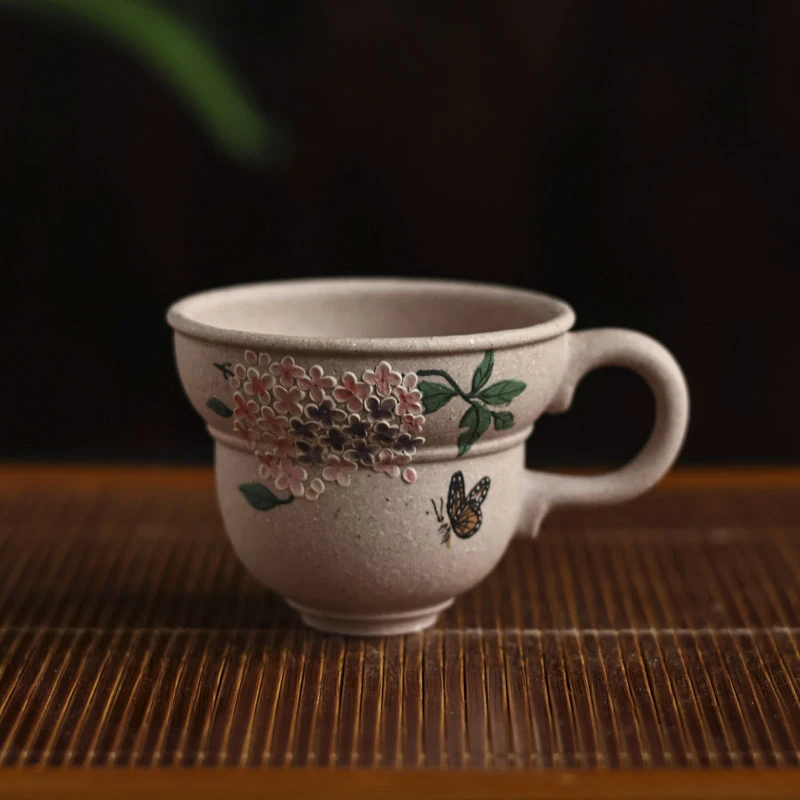 阿茶      桃花泥-泥绘绣球花-亦缶-葫芦杯-70ml（窑云S0186）