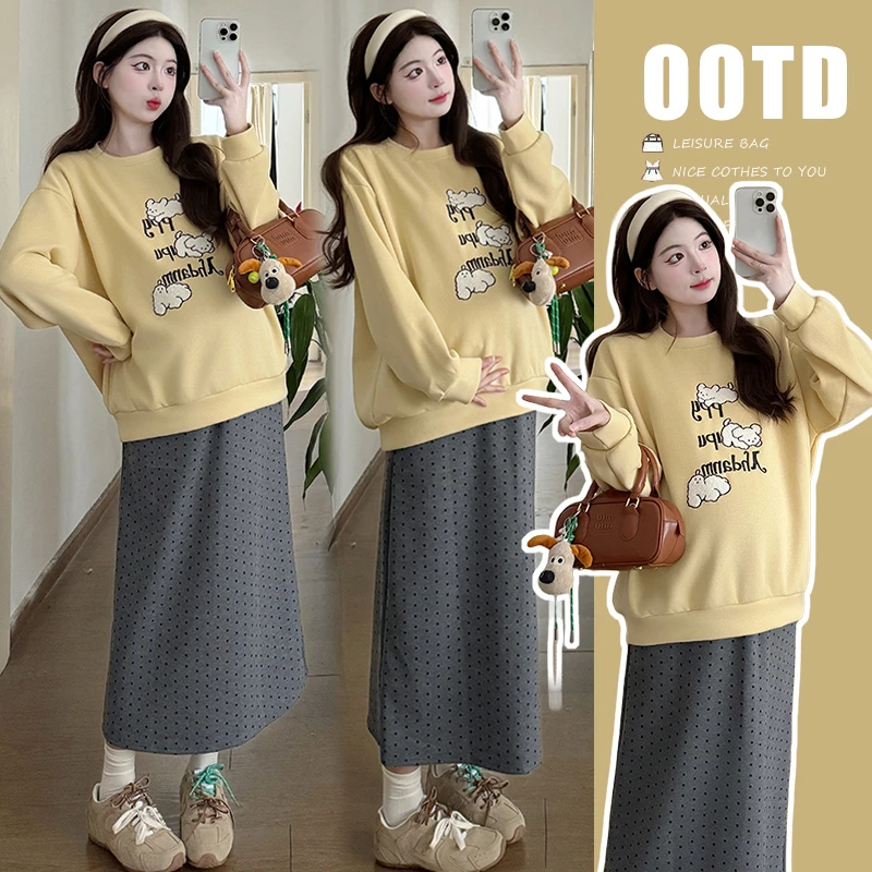 【LoLo】孕妇装黄油小狗秋冬加厚重工刺绣宽松慵懒卫衣托腹半身裙