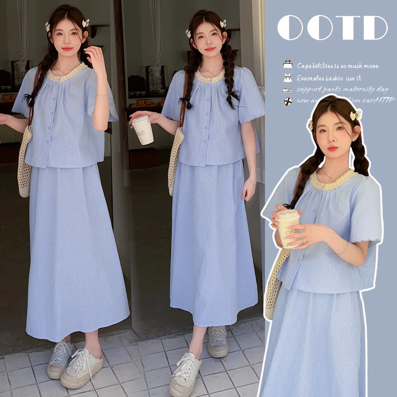 【LoLo】孕妇装夏季新款领口花边复古格子上衣+半裙猪鼻扣连衣裙