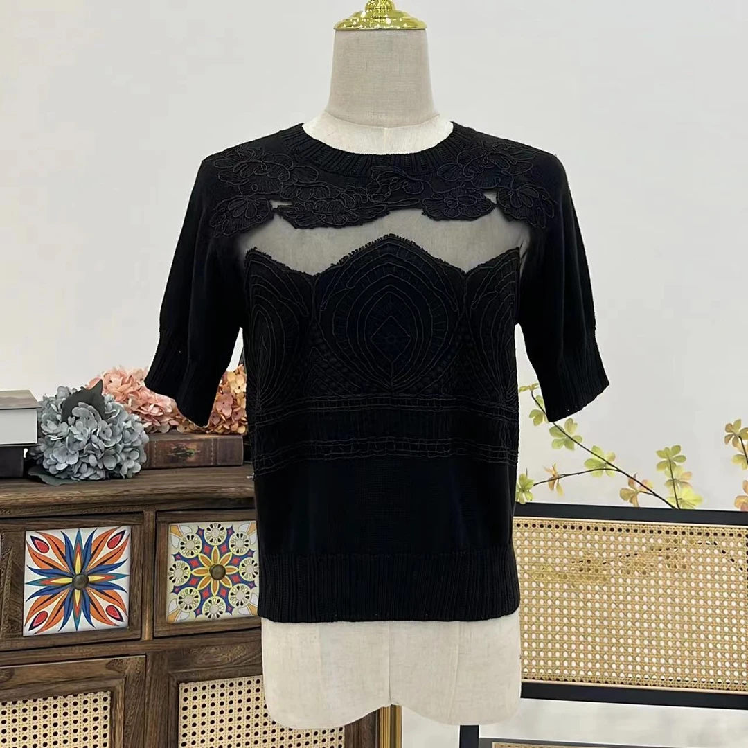 【晨老板】~ ceilina【为爱启程】时尚气质网纱短袖针织衫69237131