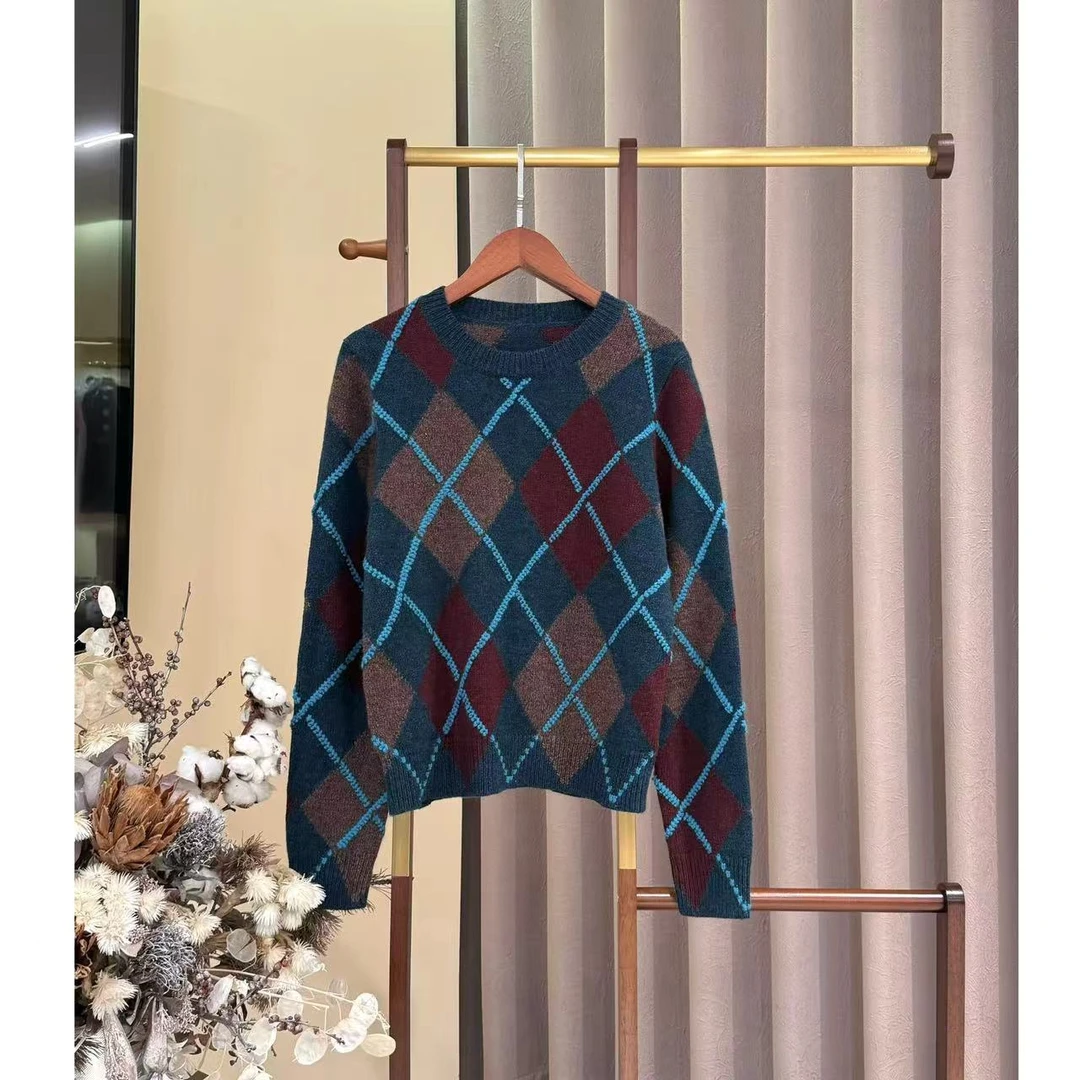 【晨老板】~ceilina【南有鸢尾】时尚菱格圆领长袖针织衫79247015