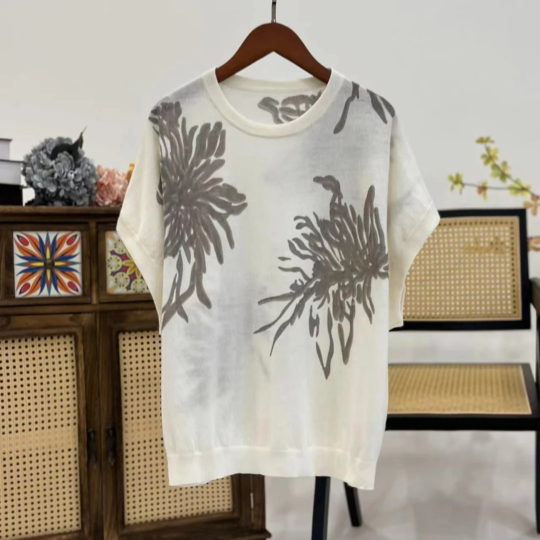 【晨老板】~ceilina【一路生花】时尚气质花卉印花短袖针织衫69237122