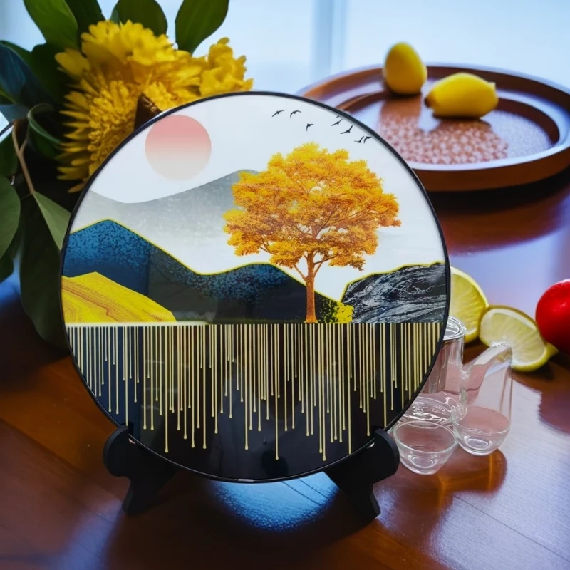 锦绣山河现代简约圆形挂画玄关装饰画入户走廊过道新中式轻奢