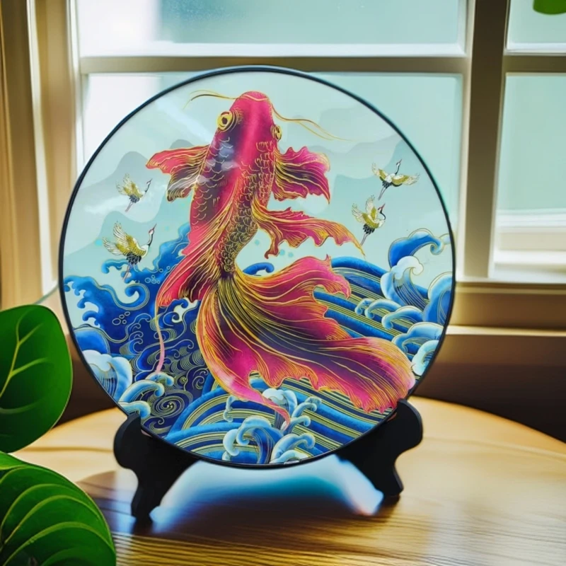 连年有鱼锦鲤圆形小件中式吉祥客厅卧室玄关创意工艺品桌面珐琅彩