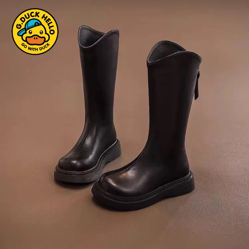 品牌小黄鸭2024秋冬季新款加绒女童长靴子儿童长筒靴女孩公主靴春