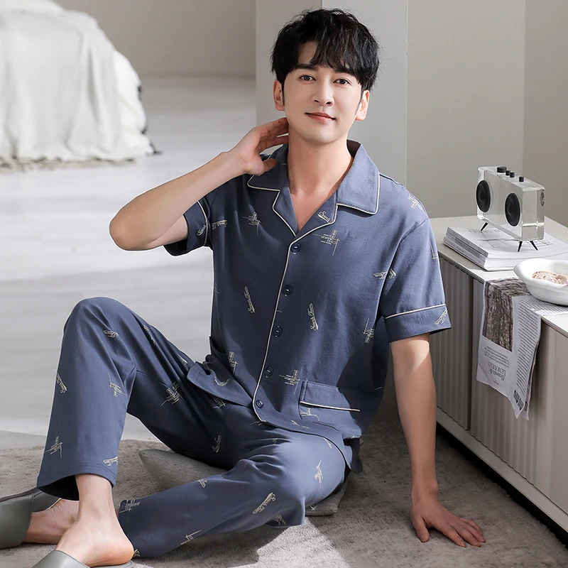 夏季睡衣短袖长裤纯棉中青年爸爸男士翻领开衫宽松薄款家居服套装