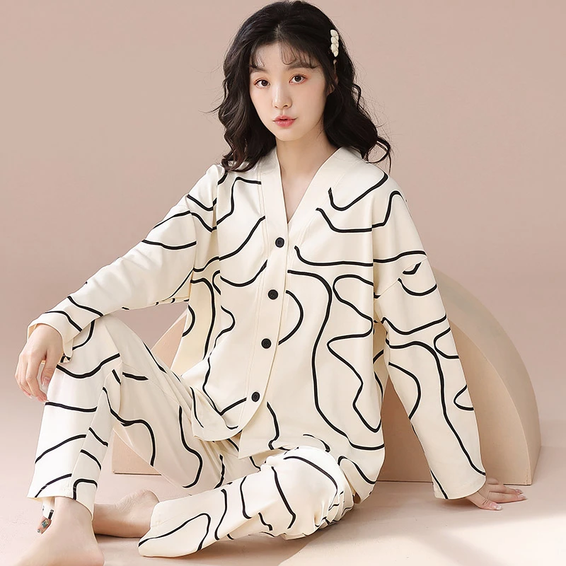 睡衣女春秋季长袖纯棉开衫2024年新款V领和服宽松白色条纹家居服