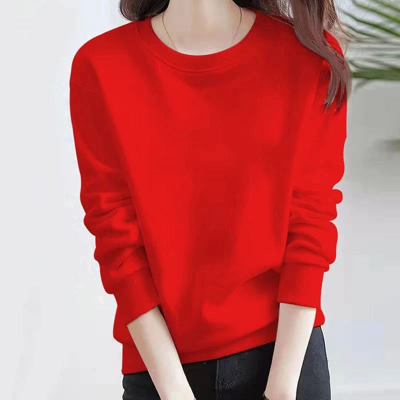 高品质红色圆领卫衣女2054新款秋冬本命年宽松套头纯色春秋上衣潮