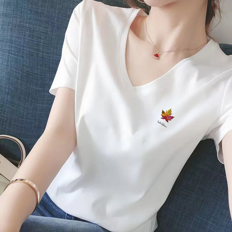 鸡心领冰瓷棉短袖V领t恤女上衣正肩女装纯色印花夏季百搭打底衫女